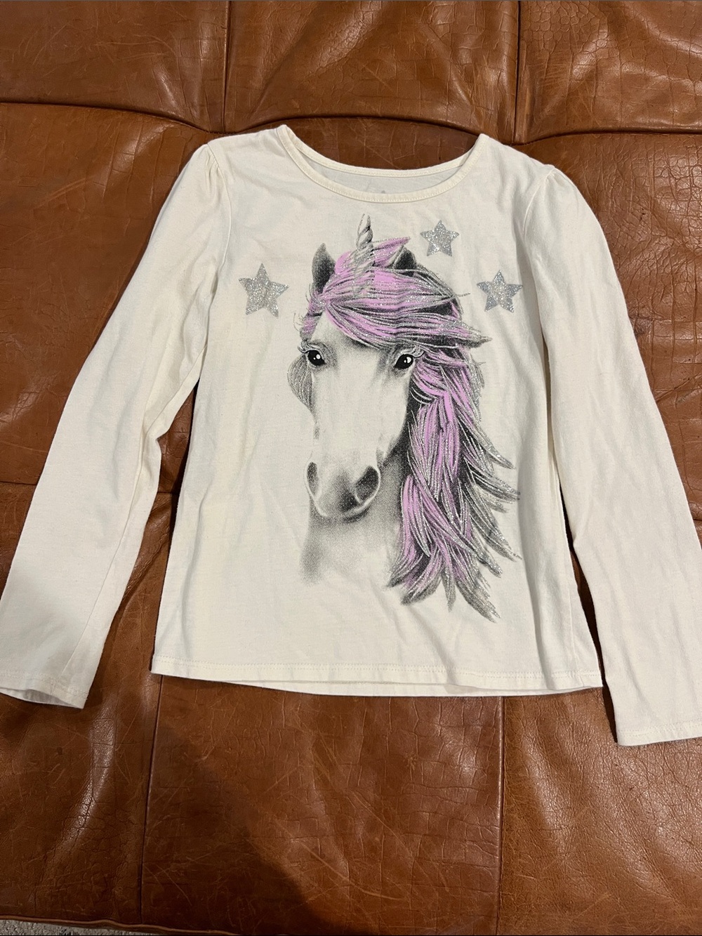 White Long-Sleeve Top with Pink-Maned Unicorn